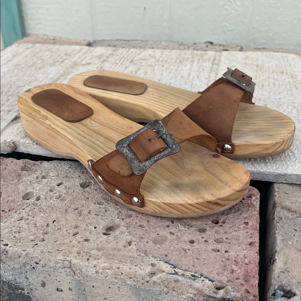 Sundance Wood Slide Sandals Womens 39 Brown Leather Suede Buckle Clogs Spain
